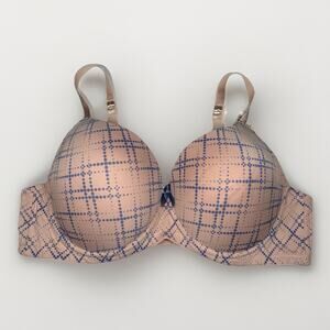 Simply Basic Plunge Bra 42B Nude with Blue Dot Grid Print Padded Underwire NWT